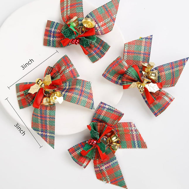 Christmas Ornament Bows Decorations, 4 pcs Vintage Plaid Bows Decor for Christmas Tree and s Decoration, Cute Bows with Jingle Bells for Christmas Garland, Crafts, Wrapping