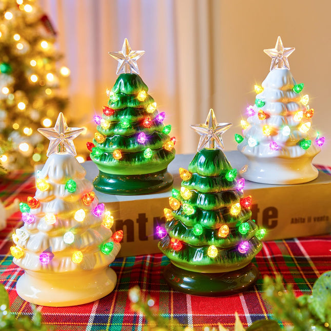 5 Inch Mini Ceramic Christmas Tree Set - 4 Pack Pre-lit Tabletop Christmas Tree with Multicolored LED Lights, Battery Operated Small Lighted Tree for Home Office Table Holiday Decorations