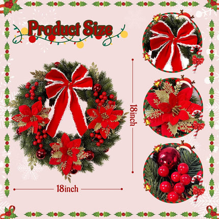 18Inch Christmas Wreath,Lighted Christmas Garland with Pine Needles Poinsettia for Home Indoor Outdoor Christmas Decorations Wreaths for Front Door Window Wall