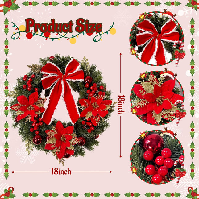 18Inch Christmas Wreath,Lighted Christmas Garland with Pine Needles Poinsettia for Home Indoor Outdoor Christmas Decorations Wreaths for Front Door Window Wall