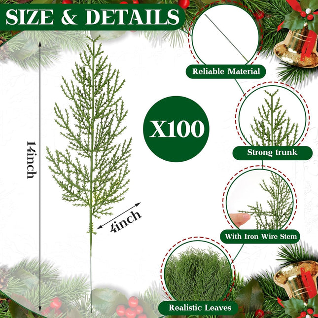 Zeyune 100 Pcs Christmas Artificial Pine Picks Green Fake Pine Branches for Vase Filler 14 Inch Needle Branches Artificial Leaves Faux Pine Leaves Picks for Xmas Holiday Garland DIY Wreath Home Decor