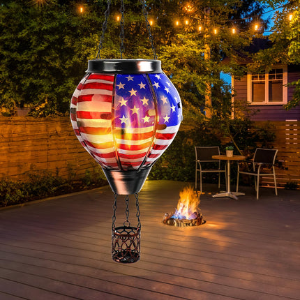 Hot Air Balloon Solar Lantern Hanging Outdoor Solar Lantern with Flickering Flame for Decorative Garden Patio Yard Party Decor for Birthday Halloween Christmas - American Flag