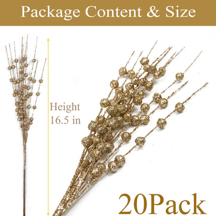20 Pack Artificial Christmas Glitter Berries Picks for Trees, 16.5 inch Christmas Stems Sticks Decorations for Tree Garland Wreath Fireplace Holiday Home Decor