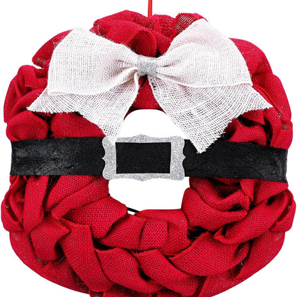 Riceshoot Santa Wreath 15.7 Inch Christmas Front Door Wreath Decoration Red Burlap Wreath Black Belt Silver Buckle Holiday Wreath for Christmas Indoor Outdoor Home Office Wall Wedding Holiday Party