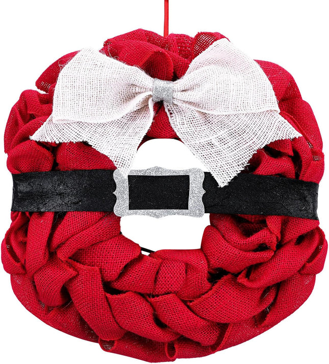 Riceshoot Santa Wreath 15.7 Inch Christmas Front Door Wreath Decoration Red Burlap Wreath Black Belt Silver Buckle Holiday Wreath for Christmas Indoor Outdoor Home Office Wall Wedding Holiday Party
