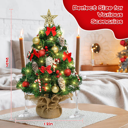 24 Inch Mini Christmas Tree, Small Artificial Christmas Tree with LED String Lights, Star Tree Topper and Hanging Ornaments, Tabletop Christmas Tree with Lights for Holiday DIY Christmas Decorations