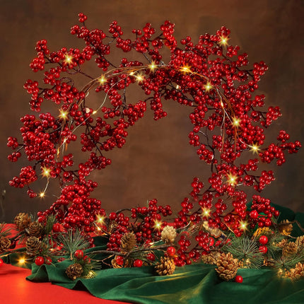 Sggvecsy Red Berry Garland Lighted Burgundy Berry Christmas Garland Artificial Berry Garland 6Ft for Christmas Winter Holiday Fireplace Mantel Table Year Indoor Outdoor Decoration