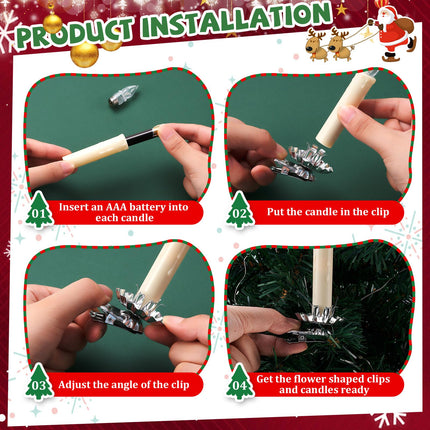 60 Pcs LED Christmas Tree Candles Set 30 Christmas LED Taper Flameless Candles with Remote Timer and 30 Christmas Tree Candle Holder Clip Flower Shape Candles Clips for Christmas Tree (Silver)