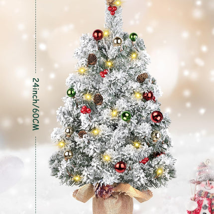 DDHS Artificial Tabletop Christmas Tree,2ft Small Christmas Tree with Ornaments Balls Pine Cones Berries, and 30 Lights Snow Tree, Pre Lit Xmas Tree for Table Home Christmas Party Decor