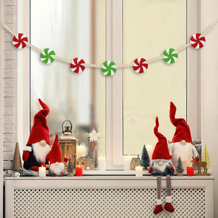 Green Christmas Garland Decorations, Red & Green Peppermint Felt Wood Beads Garland - Green Themed Christmas Felt Garland for Mantle, Tree, or Wall Decor - Christmas Garland Home Decorations
