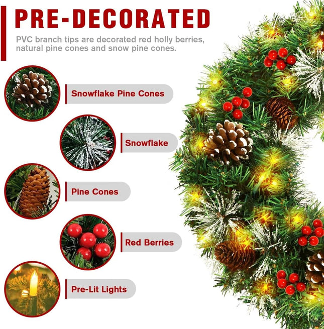 Christmas Wreath,Pre-Lit Artificial 18 Inch Christmas Wreaths for Front Door with Pine Cones,Berries,Christmas Wreath with Lights,8 Modes 50 LED Lights for Outdoor Indoor Decorations