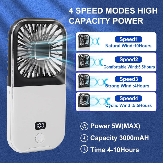 Portable Digital Display Personal Handheld Fan Foldable, Mini Quiet Usb Rechargeable Necklace Fans With 3000Mah Power Bank