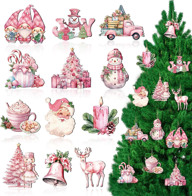 36Pcs Pink Christmas Tree Hanging Ornaments, Wooden Christmas Ornaments for Tree Vintage Rustic Xmas Wooden Hanging Pendants Tags for Winter Holiday Christmas Tree Home Party Decorations