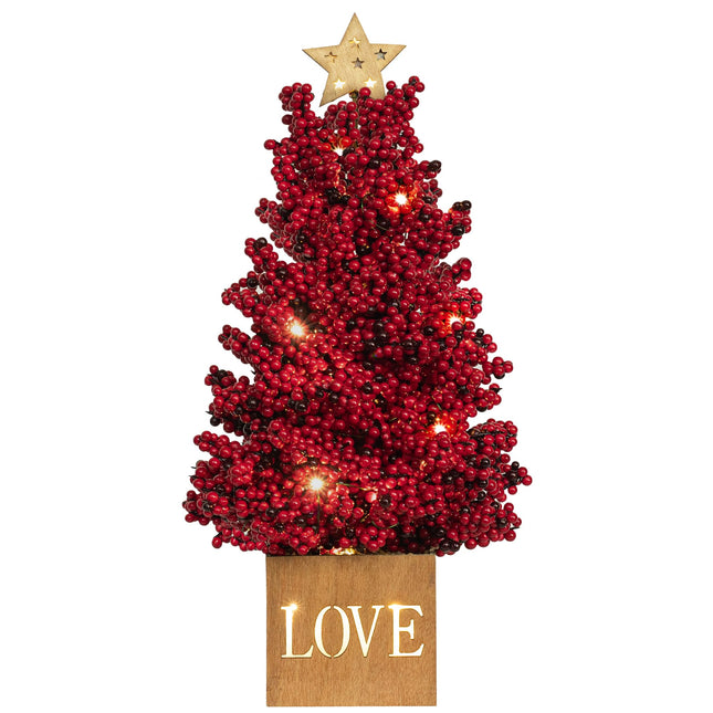 KI Store Lighted Red Berry Tree Tabletop Tree 16-Inch Potted Red Berry Christmas Tree with Lights and Timer for Xmas Party Table Centerpieces