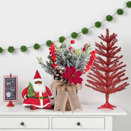 Watayo Artificial Burlap Small Christmas Tree Tabletop Decoration with Lights- 10" x 3" Mini Potted Christmas Tree Table Decoration with Red Berry Pine Cones for Home Room Mantel Party Xmas Decor
