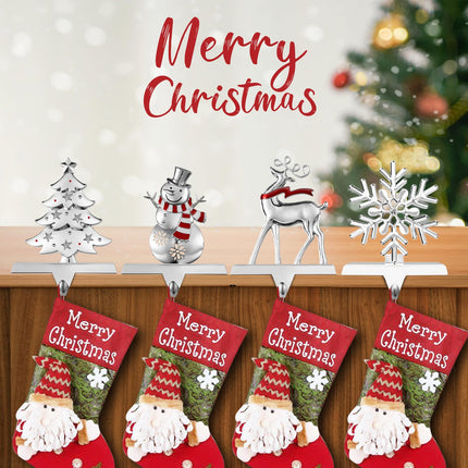 4 Pack Snowflake Christmas Stocking Holder Set for Mantle Christmas Decorations Holiday Mantle Fireplace Topper - Snowflake Snowman Reindeer and Christmas Tree Hangers Decorative Metal Hanger