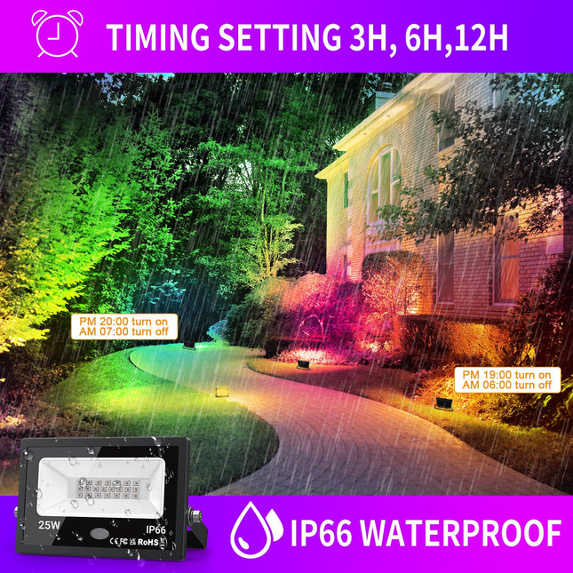d LED Flood Light Outdoor 25W 4 Pack, DIY Color Changing Halloween Patio Floodlights with Remote, IP66 Waterproof RGB Spot Light Timing Uplights for Events Party Stage Light