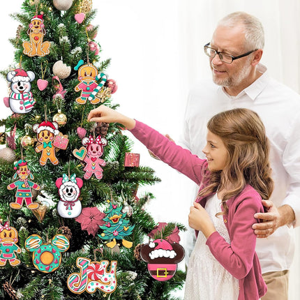 24 Pcs Cartoon Mouse Christmas Tree Ornaments, Gingerbread Man Dog Duck Snowman Wooden Xmas Tree Hanging Decorations Set, Funny Joy Home Decor Winter Holiday Party Supplies with Jute Rope