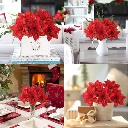 12PCS Christmas Poinsettia Artificial Flowers,Xmas Red Glitter Silk Flowers with Clips and Steams for DIY Christmas Tree Decorations Stairs Wreath Ornaments Home Party