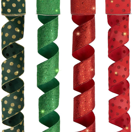 4 Rolls 32 yd Red Green Glitter Christmas Wired Ribbon Set, 2.5 inch x 8yd Polka Dot Satin Burlap Ribbon for Xmas Tree Décor, Wrap Box, Bow, Wreath, Garland, Floral DIY Craft