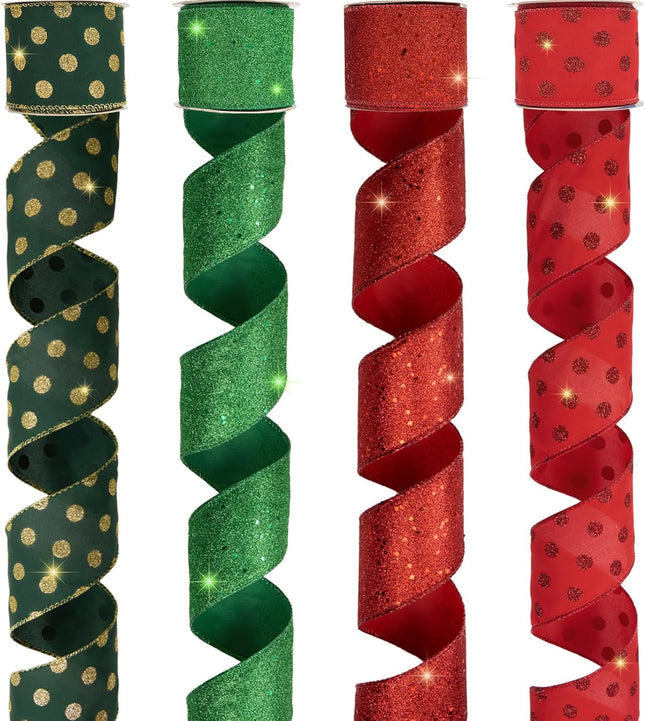 4 Rolls 32 yd Red Green Glitter Christmas Wired Ribbon Set, 2.5 inch x 8yd Polka Dot Satin Burlap Ribbon for Xmas Tree Décor, Wrap Box, Bow, Wreath, Garland, Floral DIY Craft