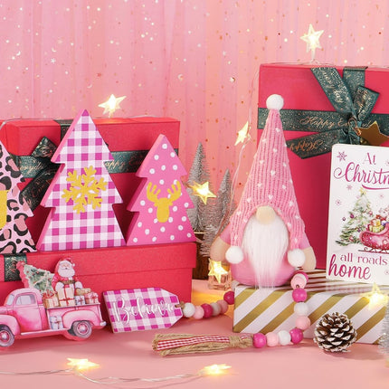 Pink Christmas Tiered Tray Decor 8 PCS Pink Christmas Decorations Indoor - Believe Christmas Wooden Signs & Pink Christmas Gnome Plush Set - Christmas Table Decor Tier for Home Kitchen Mantel