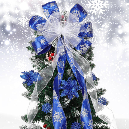 Zeyune 37 Pcs Christmas Tree Decoration Set with Large Christmas Decorative Bow Topper 12 Glitter Poinsettia Flowers 12 Plastic Xmas Snowflake 12 Ribbon Bow for Holiday Party Ornaments (Blue)