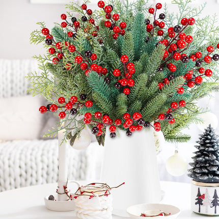 Winlyn 60 Pcs Christmas Artificial Pine Branches Red Berry Picks Fake Greenery Plants Pine Sprigs Christmas Tree Stems 8.1"-12" for Holiday Christmas Tree DIY Garland Centerpiece Floral Arrangement