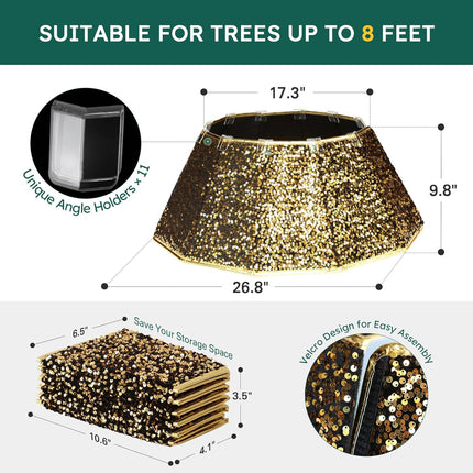 Sequin Christmas Tree Collar, Sparking Christmas Tree Base Cover, 26" D Foldable Dazzling Handcrafed Christmas Tree Ring for Christmas Tree Decoration (Gold Sequins, Diamond)