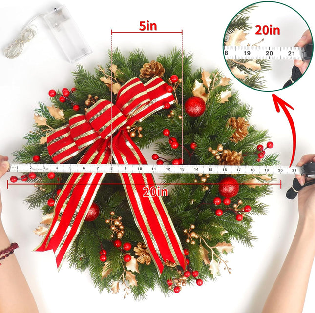 Christmas Wreath with Lights，20''Bowknot Christmas Wreaths for Front Door, Shiny Ball Reindeer Leave for Christmas Year Home Décor