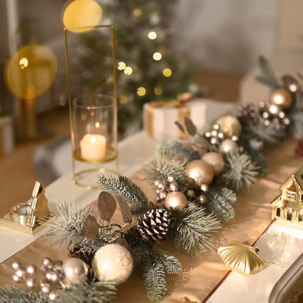 Valery Madelyn 9 feet Pre-Lit Christmas Garland with Lights for Mantle, Lighted Battery Operated Xmas Garland with White Gold Ball for Front Door Fireplace Table Centerpiece Outdoor Window Home Decor