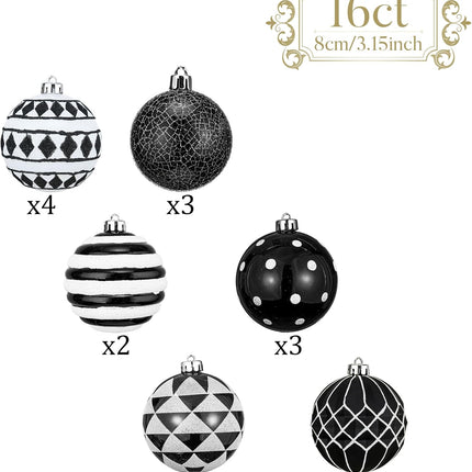 Valery Madelyn Large Christmas Ornaments Tree Decorations, 16ct Black White Boho Shatterproof Christmas Ball Ornaments Set, 3.15 Inch Modern Hanging Ornament Bulk for Xmas Holiday Party Decor