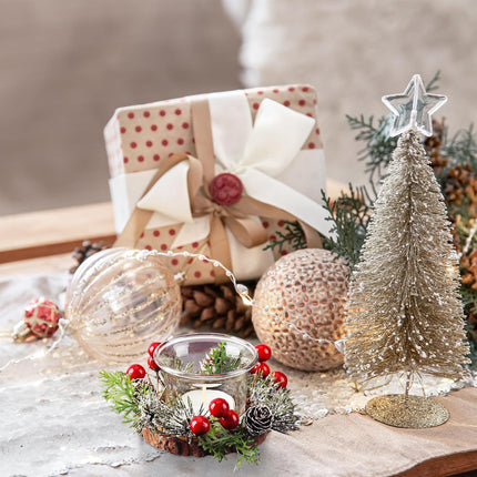 Christmas Votive Candle Holders with Snowy Pinecone Berry Candle Ring, Decorative Glass Tealight Candle Holder Set of 2 for Home, Wedding, Living Room and Bedroom Decor(Exclude Candles)