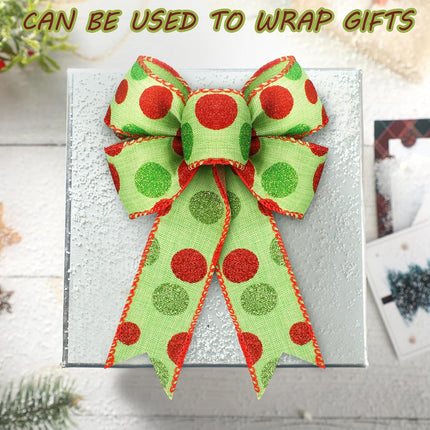 16 Pcs Large Christmas Bow 5 x 7 Inch Red White Green Dots Bows Glitter Tie Ribbon Bows Christmas Wreaths Decorative for Xmas Tree Front Garland Indoor Outdoor DIY Party Supplies (Red Green)
