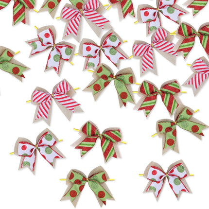 12 Pcs Christmas Candy Bow 4 Inch Burlap with Red and Green Dot Bows Glitter Stripe Candy Cane Lollipop Peppermint Wreath Bows for Xmas Door Garland DIY Candy Themed Party Supplies (Christmas)