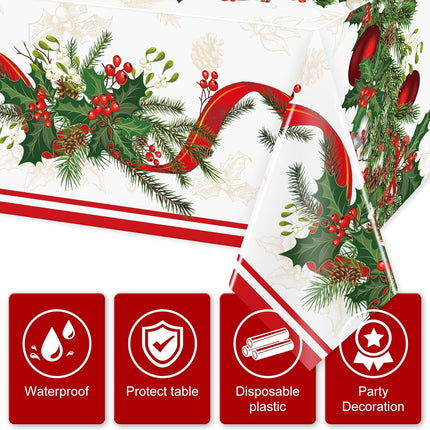 6 Pcs Christmas Plastic Disposable Tablecloth 108 x 54 Inch Holly Berry Ribbon Garland Table Cover Rectangle Christmas Party Table Cloth for Christmas Party Dining Table Supplies