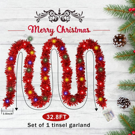 KIMOBER 32.8 Ft Christmas Prelit Tinsel Garland, Red Metallic Garland with 100 LED Lights for Christmas Tree Decorations,Wedding Party Supplies