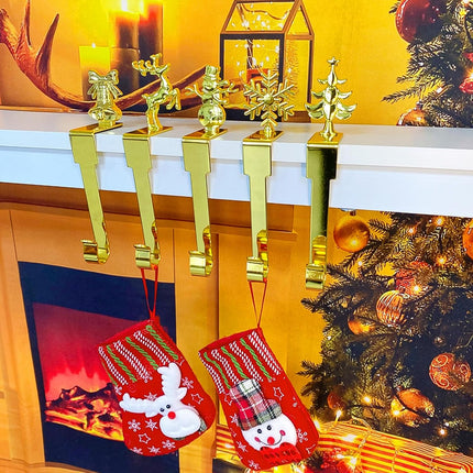 Set of 8 Christmas Stocking Holders for Mantle - Snowflake, Reindeer, Tree, Snowman, Bells, Wreath, Sleigh Ride - Perfect for Mantel Decoration Gold