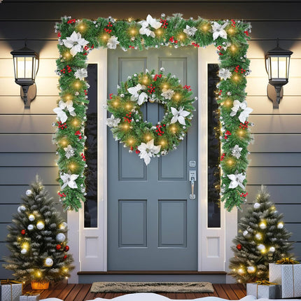 2 Pack 6ft Christmas Garland with LED Lights Pre Lit Outdoor Christmas Garland with Pine Cones Bow Gold Berry for Fireplace Mantel Holiday Indoor Christmas Decor, Total 12ft (Style 2)