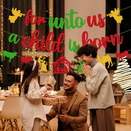 Merry Christmas Decoration For Unto Us A Child is Born Sign Banner Nativity Garland Decor Let Jesus Light Yours Way God Xmas Bible Religious Holiday Year theme Party Event Anniversary Celebration