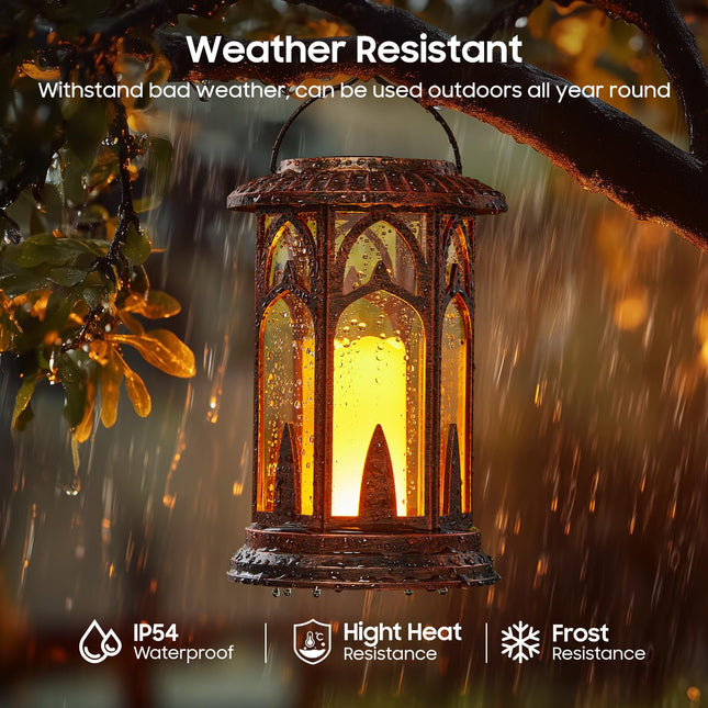 Solar Lanterns Outdoor Waterproof, 2 Pack Flickering Flameless Outdoor Solar Candle Lantern, Solar Powered & Battery Powered Hanging Lanterns Decorative Outdoor for Porch Garden Christmas Decorations