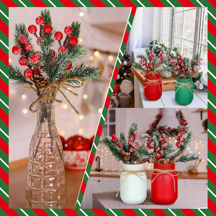 13 Pcs Christmas Mason Jar Table Centerpiece Artificial Red Berry Arrangement with Faux Pine Koob Ceg and Christmas Beaded Garland for Christmas Winter Tiered Tray Table Decor