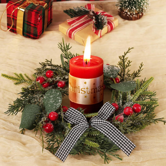 Enlarged Christmas Candle Rings Inner Diameter 4.1 in - 4 Pcs Candle Wreath Holders with Artificial Snow Buffalo Bow Leaves Berries for Xmas Holiday Party Wedding Table Centerpiece Decorations