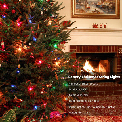 Christmas Lights 105ft 300LED Battery String Lights with USB or Battery Powered Waterproof for Indoor Outdoor Holiday Party Wedding Christmas Decoration