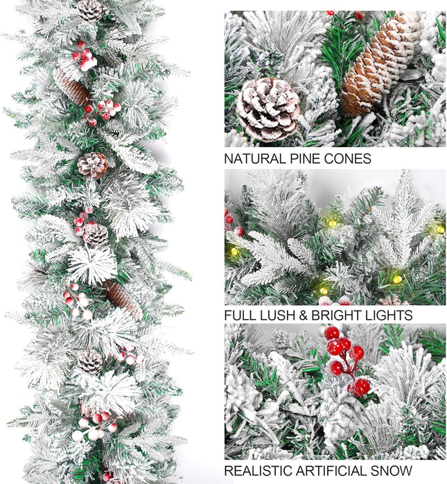 9FT Prelit Christmas Garland with 100 Lights for Mantle - Flocked Christmas Garland with Norfolk Pine Branches Cedar Pine Cone Berry Garland with Battery Operated Lights Outdoor Christmas Decorations