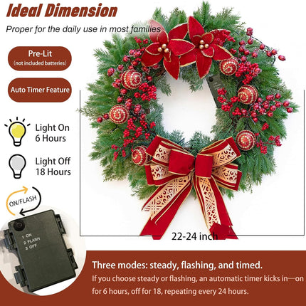 Christmas Wreaths for Front Door, Soomeir Winter Wreath with Large Red Bow, Red Berries and Christmas Balls, for Wall Windows Mantle Outdoor Christmas Decoration