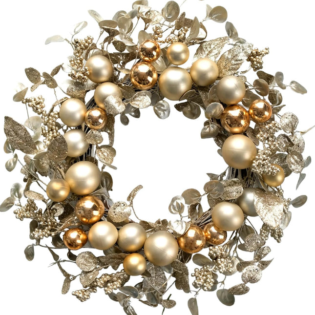 TEMPUS 20" Christmas Ball Wreath Golden Ornament Wreath Decoration for Christmas Festival Celebration Front Door Home Party Decors Shatterproof Hanging Ornament Wreath