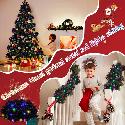 Jutom 99 ft Total 3 Pcs Christmas Pre Lighted Tinsel Garland Hanging Metal Twisted Wire Garland with LED Lights Battery Operated Christmas Garland for Christmas Tree Mantle Decoration (Black)