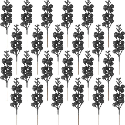 24 Pack Glitter Black Berry Stems, 19 CM Artificial Burgundy Red Berry Picks Holly Red Berries Branches Christmas Berry Stems for Christmas Tree Garland Wreath Crafts Wedding Winter Home Decoration