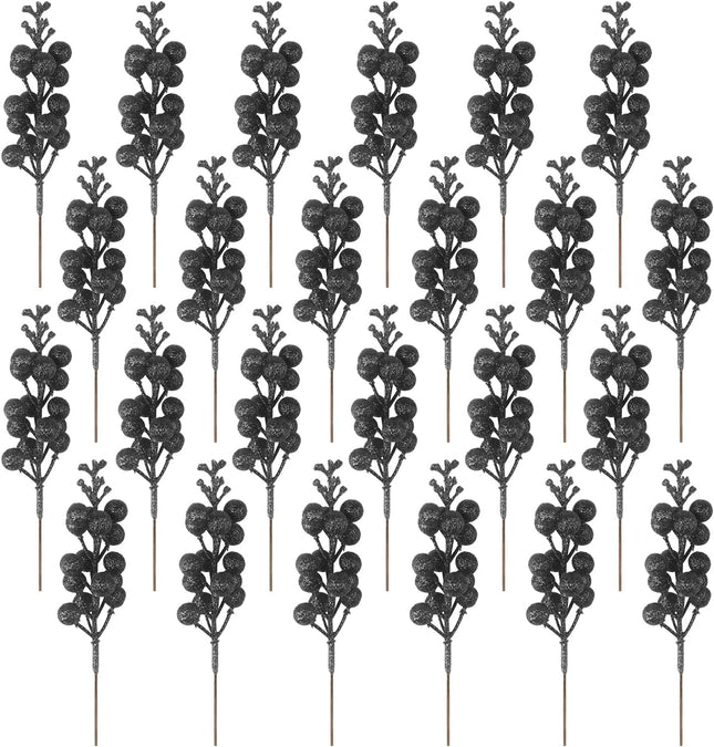 24 Pack Glitter Black Berry Stems, 19 CM Artificial Burgundy Red Berry Picks Holly Red Berries Branches Christmas Berry Stems for Christmas Tree Garland Wreath Crafts Wedding Winter Home Decoration